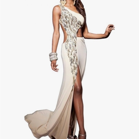 Tony Bowls Satin One Shoulder Size 0 Sequence Prom Dress Cream Color Formal Gown - Picture 8 of 8